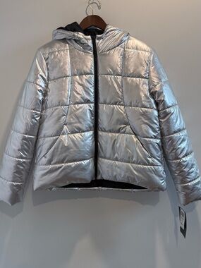 ME JANE Metallic Silver Puffer Jacket with Hood